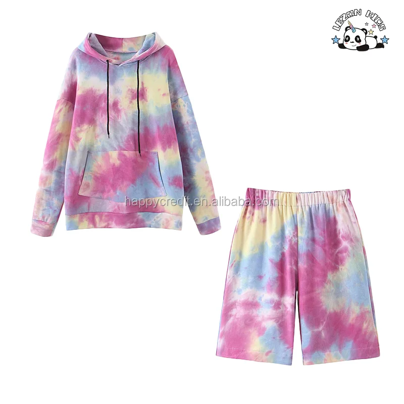 LEZONKIDS - Pink Blue Tie Dye Hoodie Joggers Shorts Pants Set Children Girls Tie Dye Kids Clothing